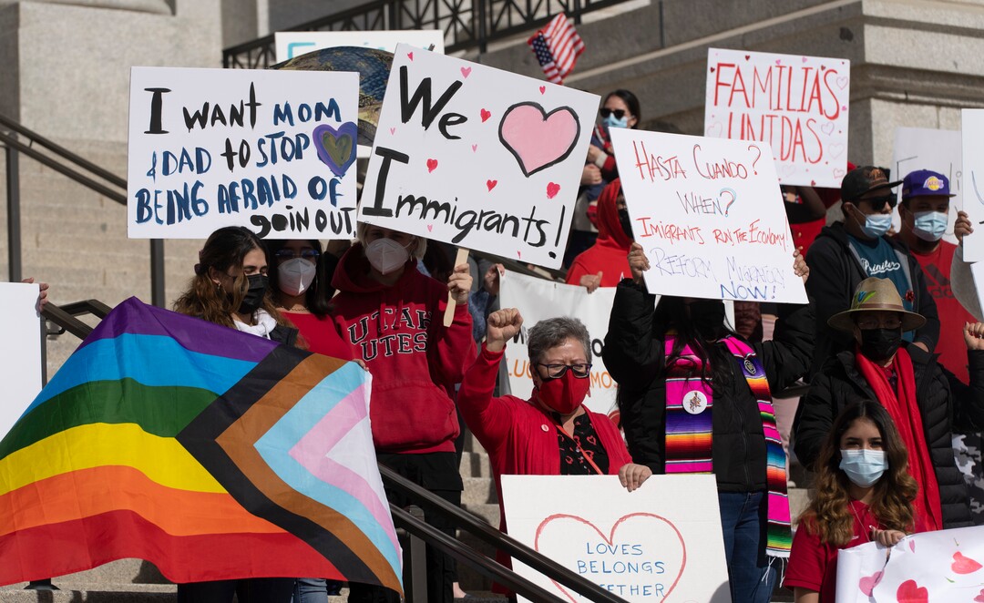 (Rick Egan | The Salt Lake Tribune)  Participants gather on the steps of the Capitol, for the national Day Without Immigrants rally, on Monday, Feb. 14, 2022.