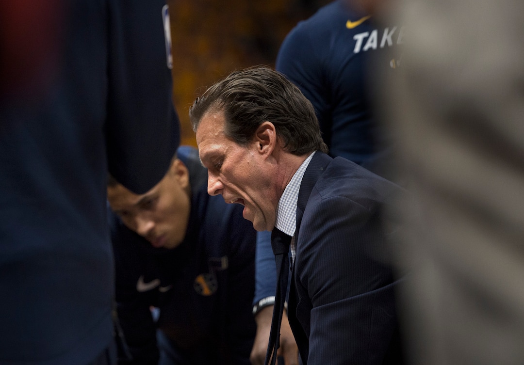 (Scott Sommerdorf | The Salt Lake Tribune)Utah Jazz head coach Quin Snyder talks with the team during a first half time out. The Thunder led the Jazz 22-18 at the end of the 1st quarter during Game 6 of the first round playoff game, Friday, April 27, 2018.