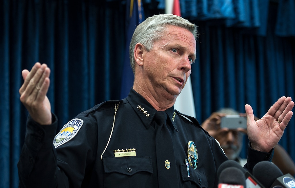 Leah Hogsten  |  The Salt Lake Tribune"We're very happy with the protocol we have," said Sandy Police Chief Kevin Thacker, Tuesday, June 20, 2017, during a press conference regarding the June 6 shooting of Memorez Rackley, her two sons, and a good Samaritan’s daughter.Since the shooting deaths, questions have been raised regarding Sandy City Police Department's policies and procedures in how the case was handled. Chief Thacker told the room full of reporters that the most dangerous, physical violence may not happen while co-habitating. "We can't force someone to leave their home," said Thacker.