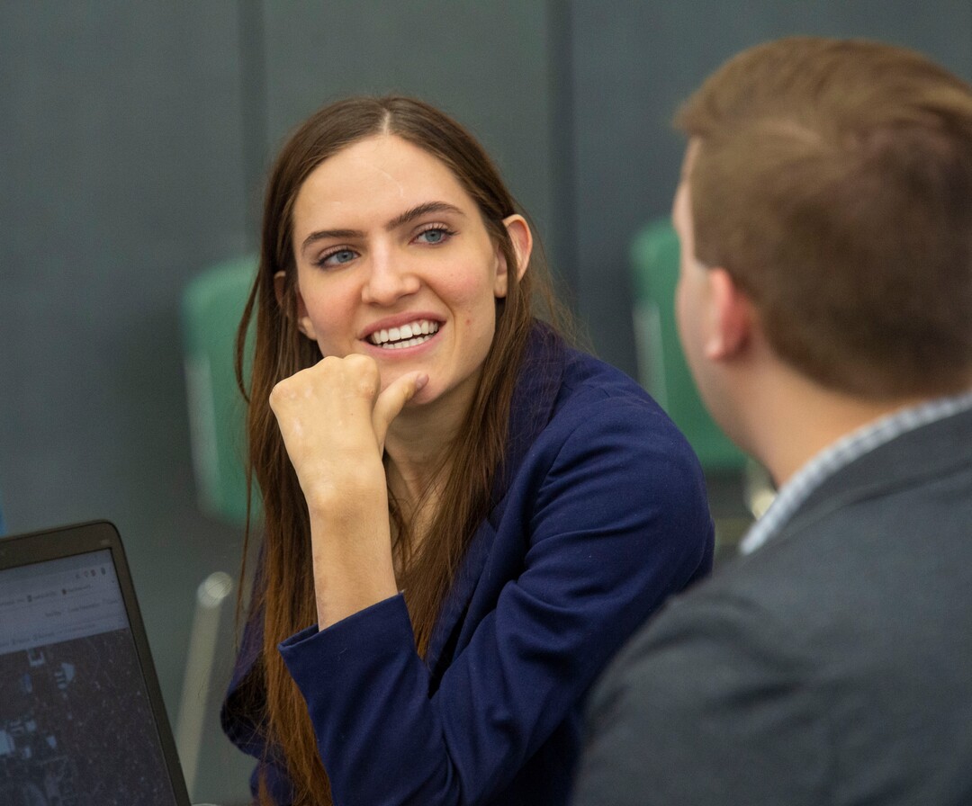 (Rick Egan  |  The Salt Lake Tribune)     Kendra Muller talks with Caleb Stewart, about accessibility issues on BYU campus. Muller is leading a group that's challenging how BYU accommodates students with disabilities. Wednesday, April 17, 2019.