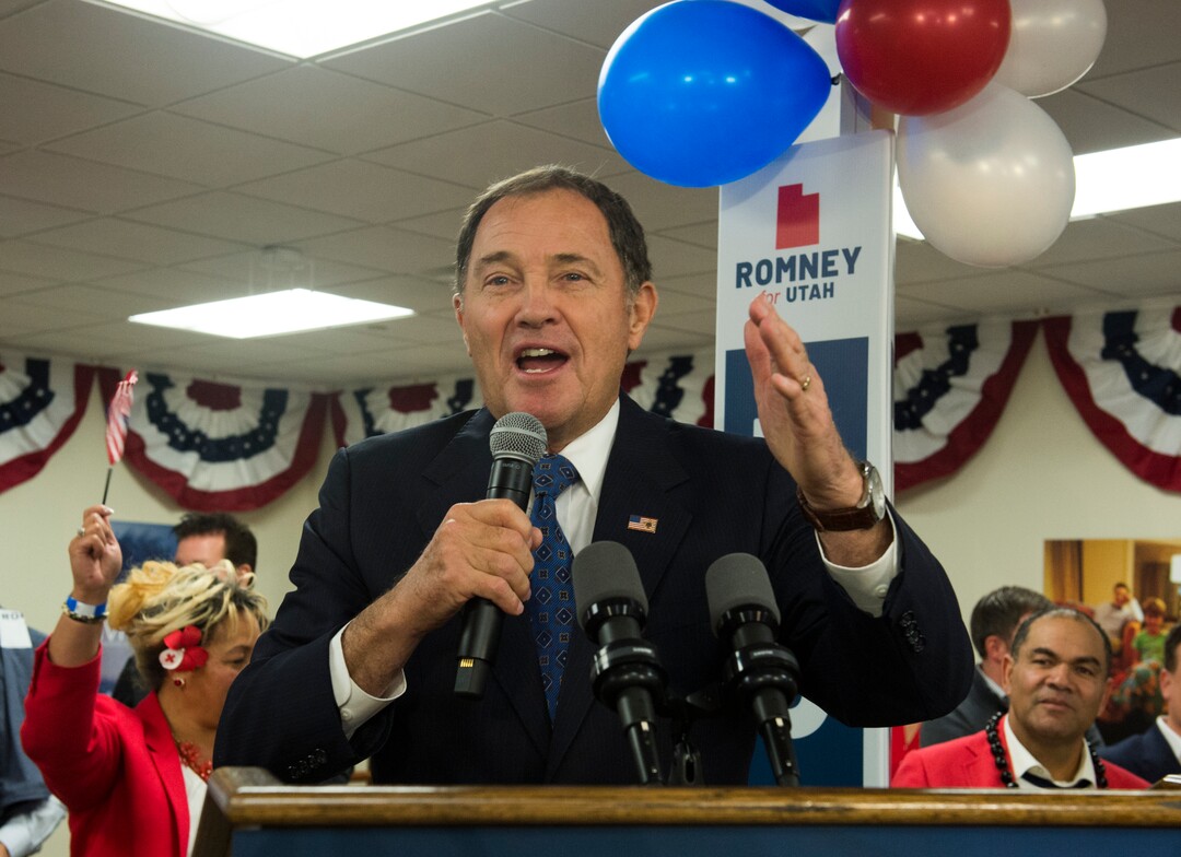 (Rick Egan  |  The Salt Lake Tribune)   Gov. Gary Herbert gives a speech at the Romney headquarters in Orem, on election night, Tuesday, Nov. 6, 2018.