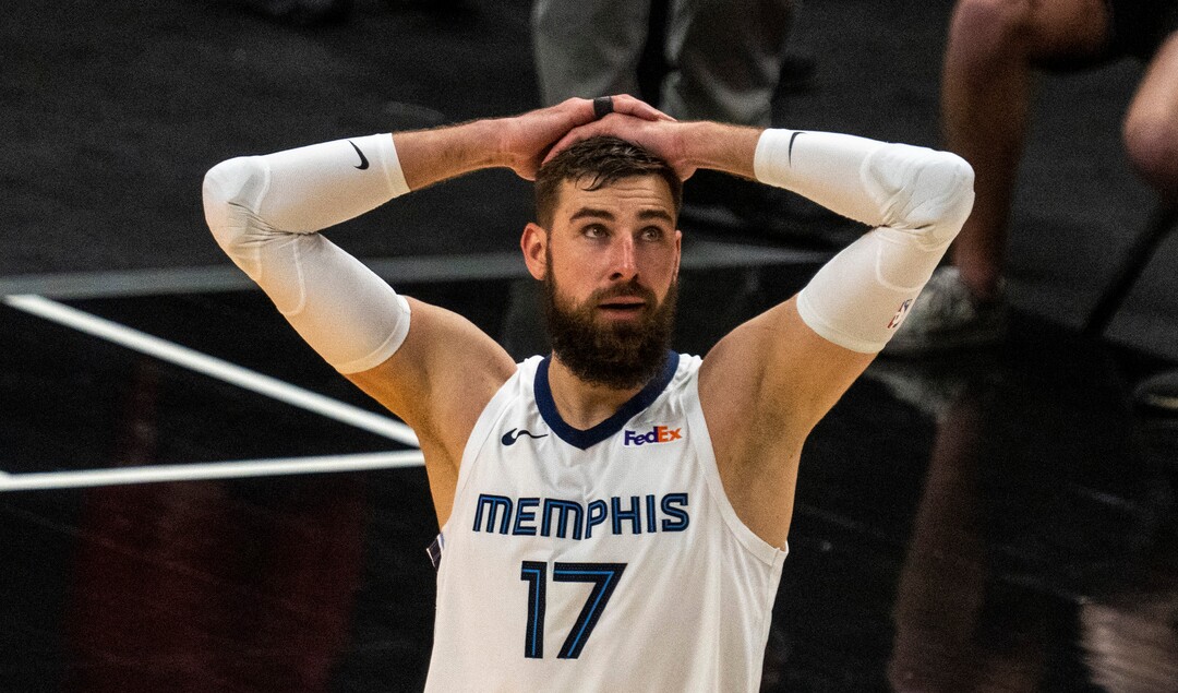 (Rick Egan | The Salt Lake Tribune) Memphis Grizzlies center Jonas Valanciunas (17) reacts after being called for a technical foul, in NBA Playoff game 2, between the Utah Jazz and the Memphis Grizzlies at Vivint Arena, on Wednesday, May 26, 2021.