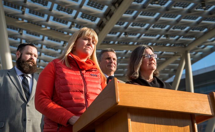 (Leah Hogsten  |  The Salt Lake Tribune) l-r Attorney J. D. Lauritzen, William J. Hansen, Alex Wubbels and her Attorney Karra Porter, right, said at a Tuesday news conference that nurse Alex Wubbels, has settled with Salt Lake City and the University of Utah for a sum of $500,000 and that Wubbels plans to set up a program to provide funds to the public seeking police body cam footage. Wubbels was arrested July 26 after she refused to allow Salt Lake City Detective Jeff Payne draw blood from an unconscious patient involved in a fiery crash in Cache County earlier in the day. The arrest drew widespread condemnation after Porter released police body camera and hospital security footage of the encounter on Aug. 31.