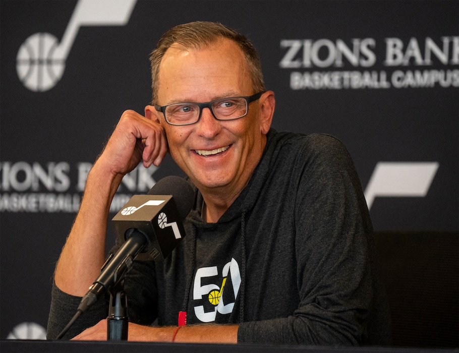 (Rick Egan | The Salt Lake Tribune)  Utah Jazz general manager Justin Zanik makes a comment during a news conference on Friday, Sept. 29, 2023.