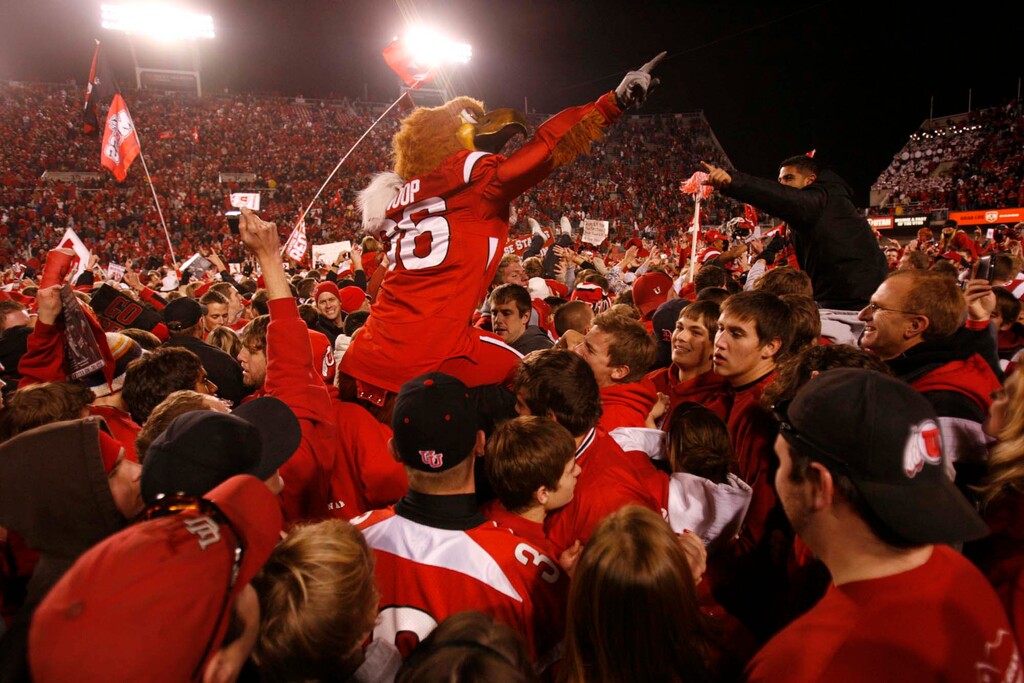Trent Nelson  |  Tribune File PhotoSalt Lake City - Utah mascot Swoop celebrating with fans after the game. Utah vs. BYU college football Saturday, November 22, 2008 at Rice-Eccles Stadium.