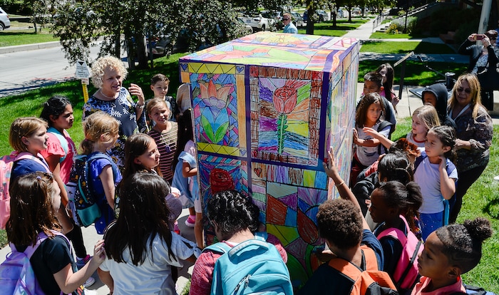 (Francisco Kjolseth  |  The Salt Lake Tribune)  Salt Lake City schools alongside Bennion Elementary school kids and Mayor Jackie Biskupski unveil the final phase of its ColorSLC program, on Tuesday, Aug. 20, 2019, in which artwork from each of the district's elementary schools decorated utility boxes near each school.