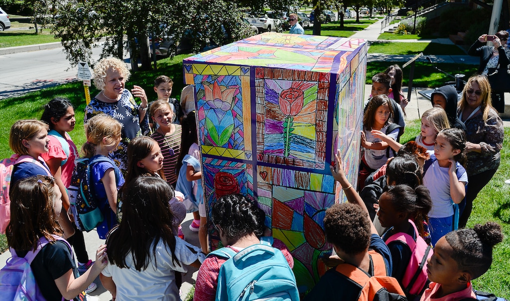 (Francisco Kjolseth | The Salt Lake Tribune) Bennion Elementary students and Salt Lake City Mayor Jackie Biskupski unveil the final phase of the city's ColorSLC program, on Tuesday, Aug. 20, 2019. Artwork from each of the district's elementary schools has been used to decorate utility boxes near each school.