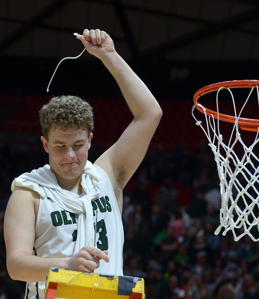 (Leah Hogsten  |  The Salt Lake Tribune) Olympus' Harrison Creer (23) had 21 points and 4 rebounds. Olympus defeated Corner Canyon 76-49 to win the 5A High School BoysÕ Basketball Tournament Championship at the Jon M. Huntsman Center in Salt Lake City,  Saturday, March 3, 2018. 