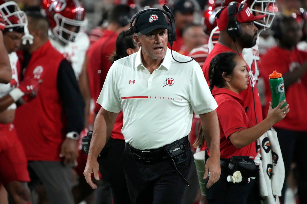 Utah head coach Kyle Whittingham during the first half of an NCAA college football game against Arizona State, Saturday, Sept. 24, 2022, in Tempe, Ariz. (AP Photo/Rick Scuteri)