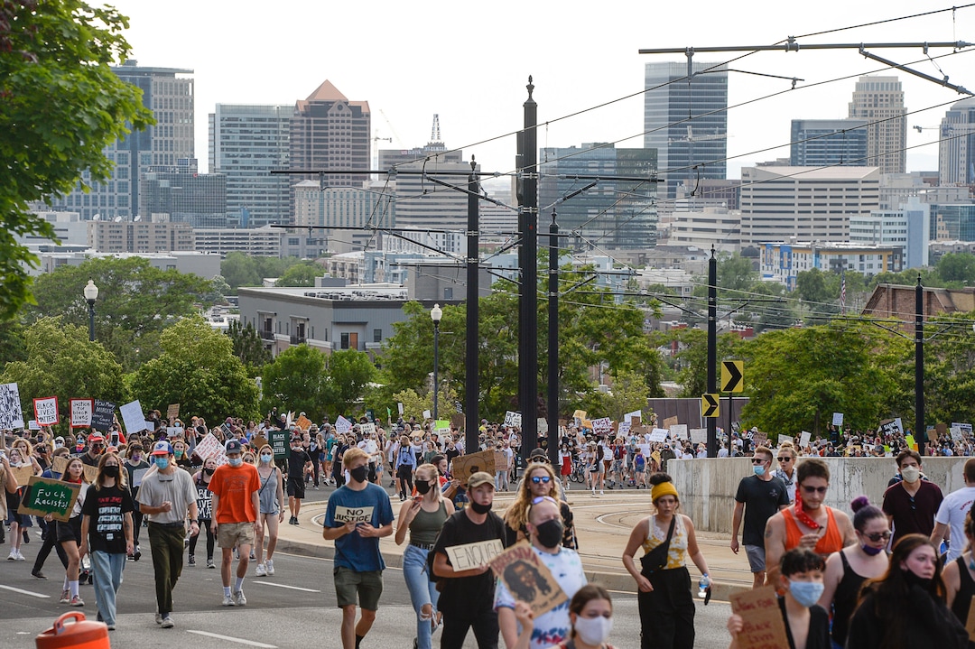 (Francisco Kjolseth  |  The Salt Lake Tribune) Demonstrators protesting against police brutality make their way to the University of Utah on Wednesday, June 3, 2020, in Salt Lake City, as the initially set 8 p.m. weeklong curfew was removed.