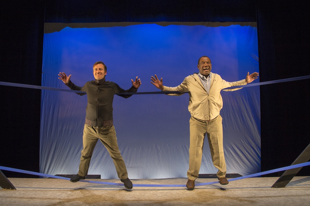 (Courtesy photography by Rick Pollock) Matthew Sincell and Darryl Stamp in "Jump," a new play co-produced by Plan-B Theatre Company and Flying Bobcat Theatrical Laboratory.