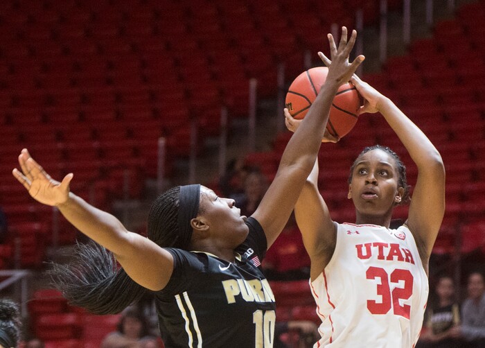(Rick Egan  |  The Salt Lake Tribune)  Utah Utes forward Tanaeya Boclair (32) goes up for a shot, as Purdue Boilermakers guard Andreona Keys (10) defends, in basketball action Utah Utes vs. Purdue Boilermakers, at the Jon M. Huntsman Center, Monday, Nov. 20, 2017.
