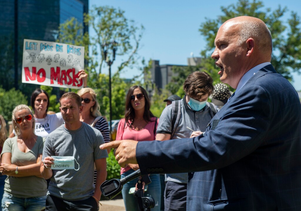 (Rick Egan  |  Tribune file photo)  Utah County Commissioner Bill Lee speaks during a rally protesting against masks being required in schools in this July 15, 2020, file photo. Lee is leading the charge for the commission to repeal a property tax hike enacted in 2019 when the county governing body had a majority of moderate Republicans.