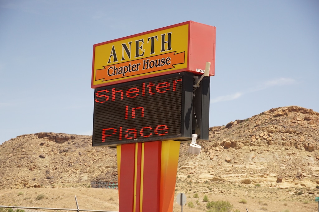 (Zak Podmore | The Salt Lake Tribune) A sign at the Aneth Chapter House announces health orders from the Navajo Nation government.