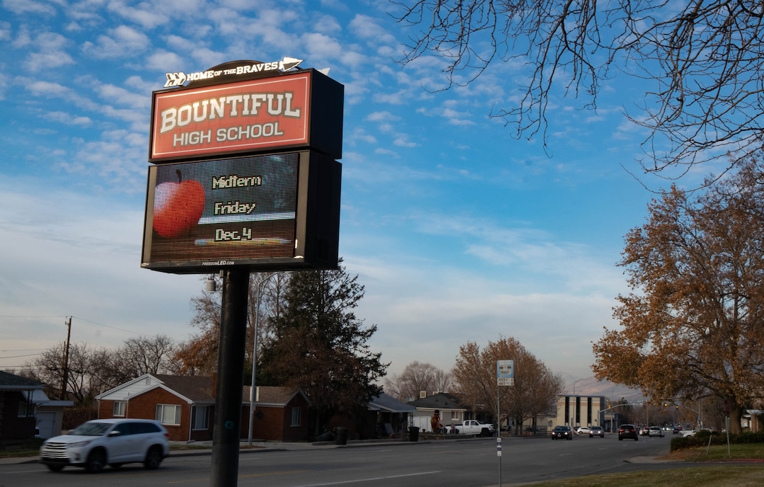 (Francisco Kjolseth  |  The Salt Lake Tribune) Current naming is pictured around Bountiful High on Monday, Nov. 30, 2020 after the school announced it would to retire The Braves name.