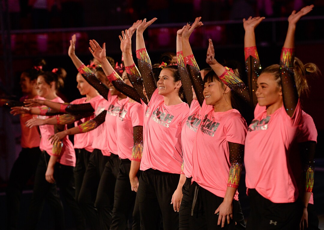 (Francisco Kjolseth  |  The Salt Lake Tribune) Fourth-ranked University of Utah Red Rocks gymnastics team host Stanford, Friday, March 6, 2020, at the Jon M. Huntsman Center in Salt Lake City, during Pink night in support of breast cancer awareness.