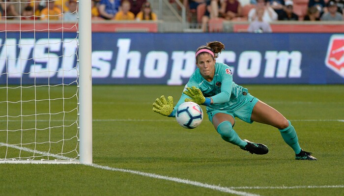 (Francisco Kjolseth  |  The Salt Lake Tribune)  North Carolina Courage goalkeeper Stephanie Labb (1) blocks a shot on goal as Utah Royals FC hosts the North Carolina Courage at Rio Tinto Stadium in Sandy, Utah on Saturday, July 27, 2019.