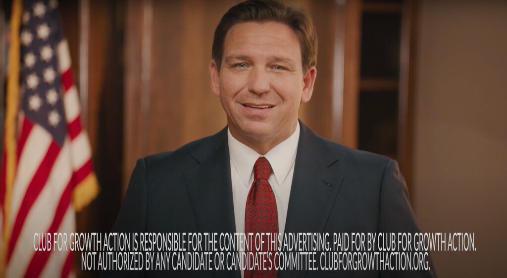 (Screenshot via Club for Growth Action) Florida Republican Gov. Ron DeSantis appears in a Club for Growth Action digital ad in support of Utah Sen. Mike Lee. The ad was released the week before Election Day on Wednesday, Nov. 2, 2022. Club for Growth said they did not pay for a robocall featuring DeSantis that also went out to Utahns on Wednesday.