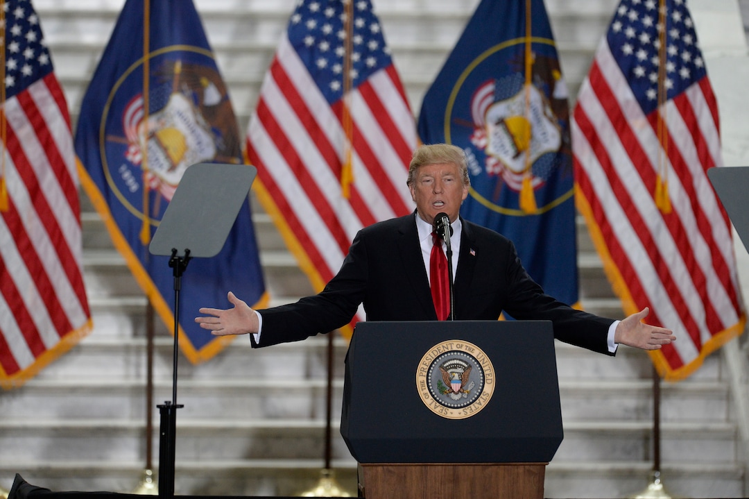 (Francisco Kjolseth  |  The Salt Lake Tribune)  U.S. President Donald Trump arrives at the Utah Capitol on Monday, Dec. 4, 2017, to sign an executive order to shrink Bears Ears and Grand Staircase-Escalante national monuments.