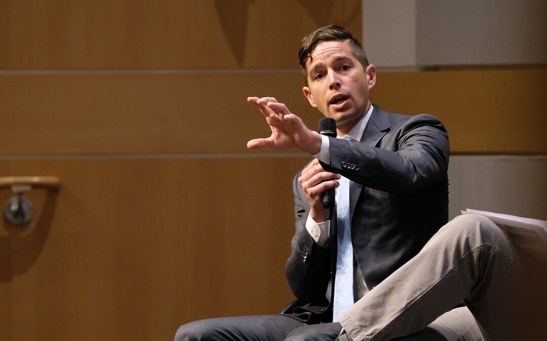 (Francisco Kjolseth  |  The Salt Lake Tribune)  David Garbett make a point as he joins his fellow candidates for Salt Lake City mayor during a debate at the Salt Lake City Library on Wed. June 26, 2019.