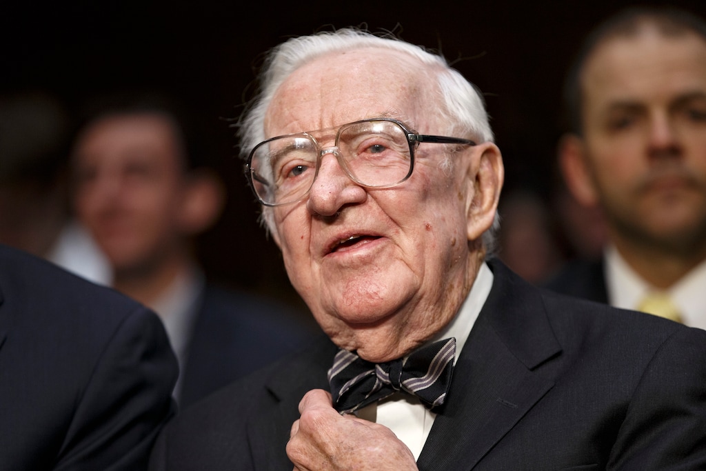 FILE - In this April 30, 2014 file photo, retired Supreme Court Justice John Paul Stevens prepares to testify on the ever-increasing amount of money spent on elections as he appears before the Senate Rules Committee on Capitol Hill in Washington. Stevens, the bow-tied, independent-thinking, Republican-nominated justice who unexpectedly emerged as the Supreme Court's leading liberal, died Tuesday, July 16, 2019, in Fort Lauderdale, Fla., after suffering a stroke Monday. He was 99. (AP Photo, File)