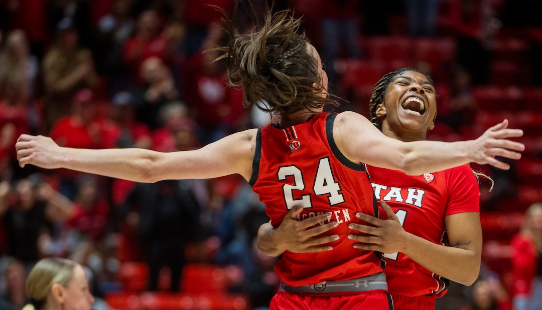 (Rick Egan | The Salt Lake Tribune) Utah Utes guard Kennady McQueen (24) and Utah forward Dasia Young (34) celebrate the Utes 84-78 win over the Stanford Cardinals, in PAC-12 action, at the Jon M. Huntsman Center, on Saturday, Feb. 25, 2023.