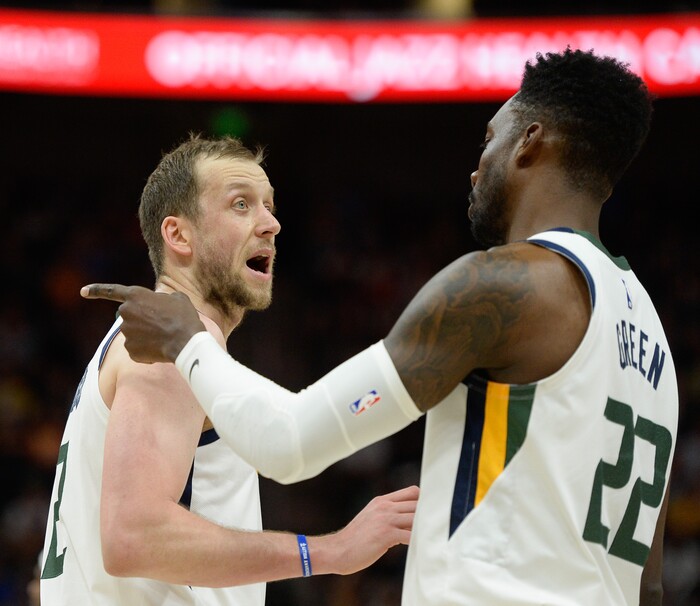 (Francisco Kjolseth  |  The Salt Lake Tribune)  Utah Jazz forward Joe Ingles (2) speaks with Utah Jazz forward Jeff Green (22) as the Utah Jazz host the Portland Trailblazers in their NBA basketball game at Vivint Smart Home Arena in Salt Lake City on Wed. Oct. 16, 2019.