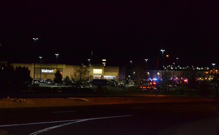 Several people were killed in a shooting inside a Walmart, forcing customers to either hide in the store or frantically run for the doors, Wednesday, Nov. 1, 2017, in Thornton, Colo. Thornton police advised people to stay away from the area as dozens of police cruisers and emergency vehicles raced to the scene. (AP Photo/P. Solomon Banda)