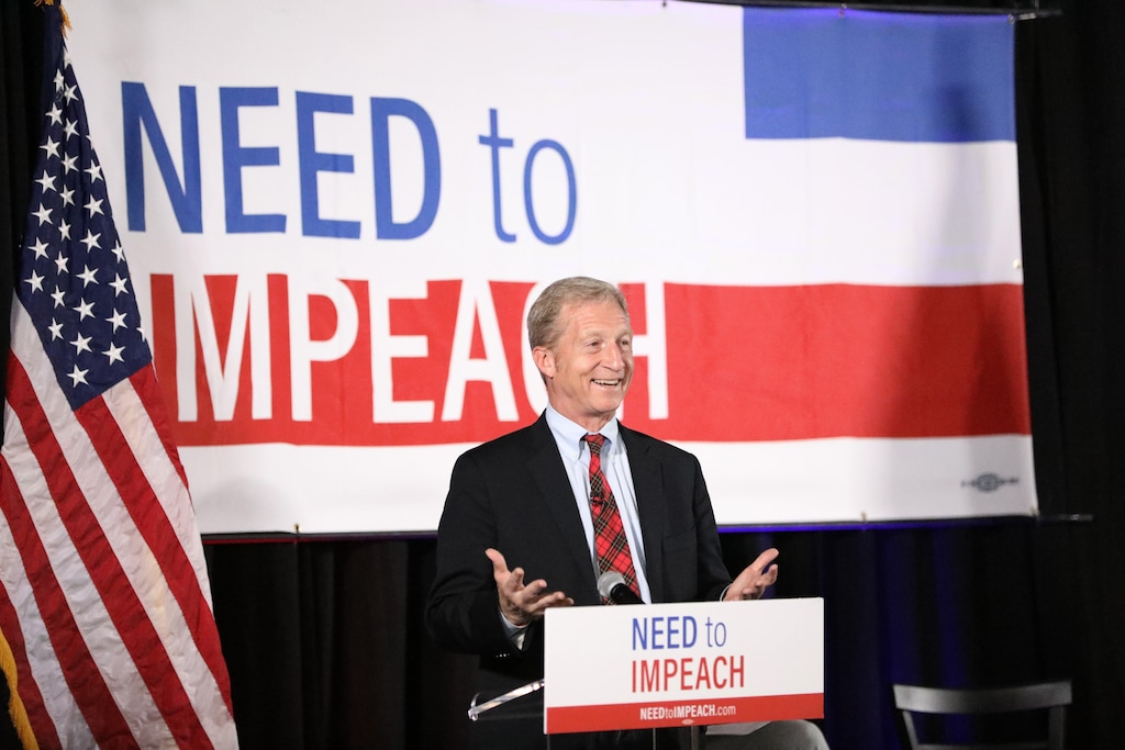 (Courtesy photo) Tom Steyer, a billionaire pushing to impeach President Donald Trump, addresses the public a a Need to Impeach town hall in Des Moines, Iowa, Tuesday May 08, 2018.