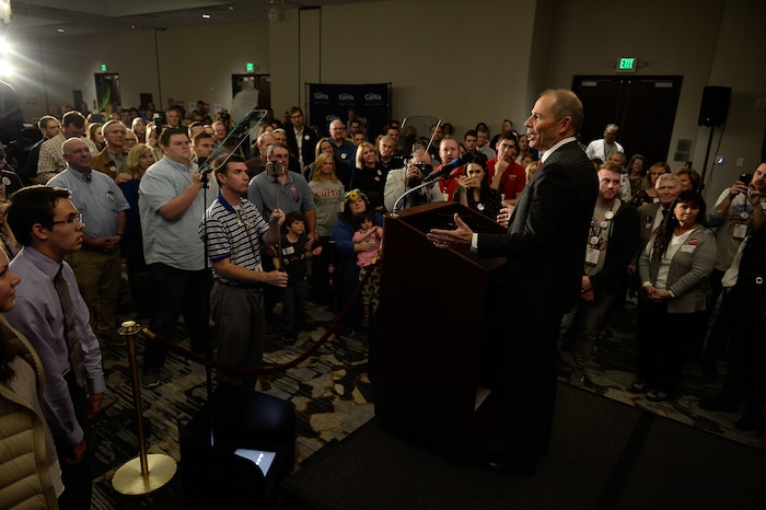 (Francisco Kjolseth  |  The Salt Lake Tribune)  John Curtis, Republican candidate for 3rd Congressional District celebrates his win at the Provo Marriott Hotel & Conference Center Tuesday, Nov. 7, 2017. He will fill the congressional seat recently vacated by Jason Chaffetz.
