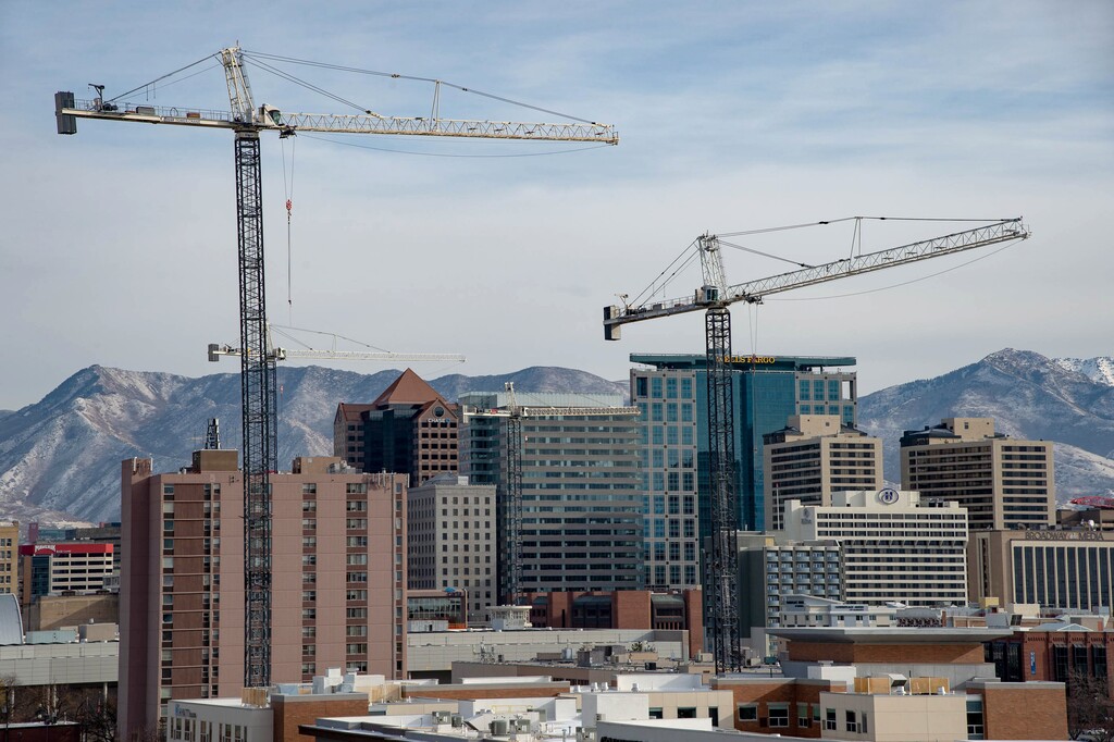 (Francisco Kjolseth  |  The Salt Lake Tribune) Salt Lake City's skyline is shown in 2021. The Smith Entertainment Group is seeking permission to remove height restrictions on blocks around the Delta Center.