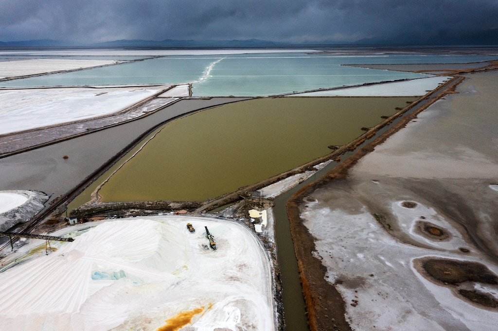 (Leah Hogsten | The Salt Lake Tribune) Aerial photographs of Compass Minerals in Ogden, April 11, 2022. The plant includes a 55,000-acre solar evaporation pond complex producing sulfate of potash and magnesium chloride from the Great Salt Lake.