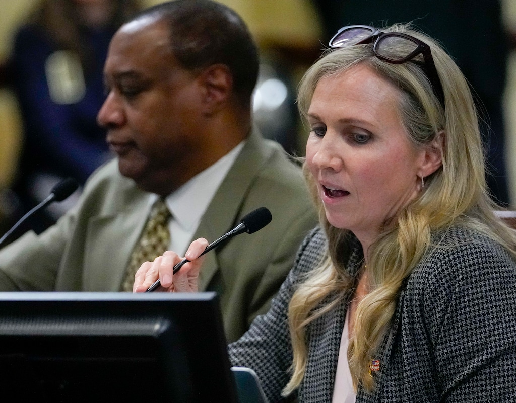 (Bethany Baker  |  The Salt Lake Tribune) Rep. Katy Hall, R-South Ogden, speaks as HB261 is heard in committee during the 2024 legislative session at Utah Capitol on Wednesday, Jan. 17, 2024.