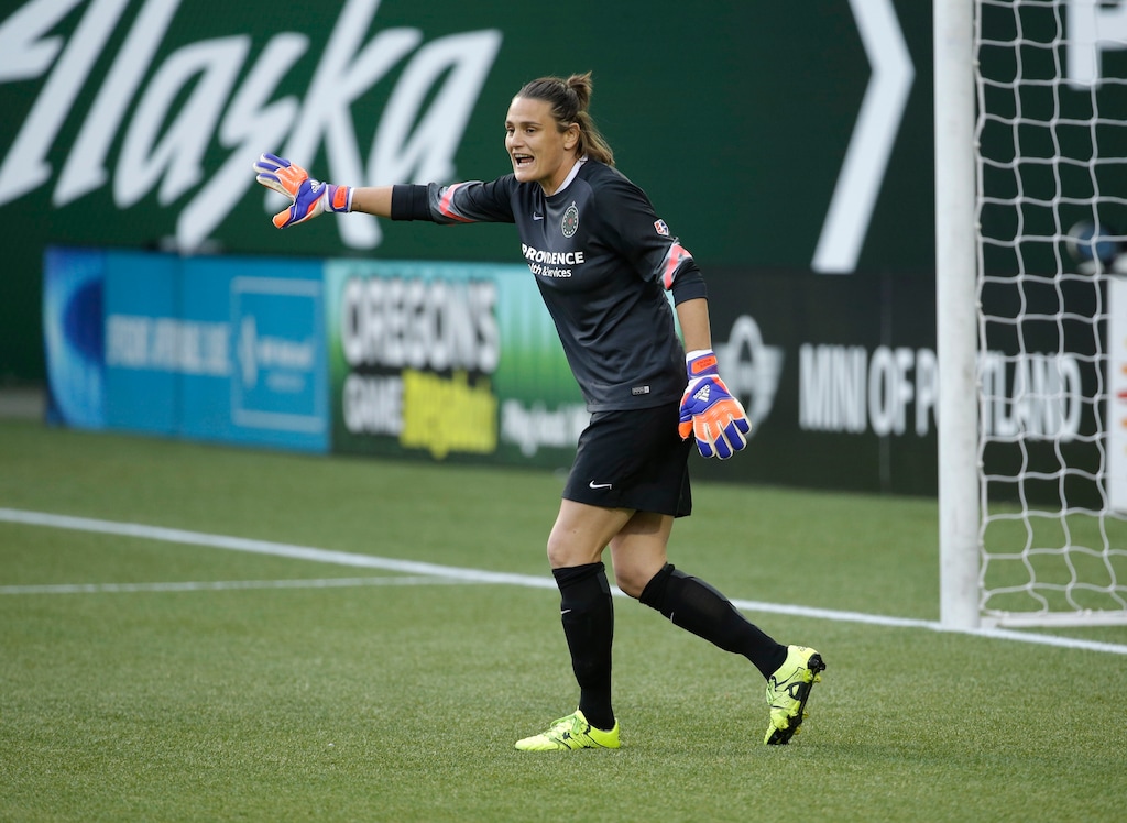 FILE - In this Aug. 30, 2015, file photo, Portland Thorns goalkeeper Nadine Angerer is shown during an NWSL soccer match against the Washington Spirit in Portland, Ore. Former German national team goalkeeper Nadine Angerer has suddenly and unexpectedly found herself on the bench for the Portland Thorns, poised to play as the team navigates injuries at the Challenge Cup tournament. The 42-year-old goalkeeping coach for the Thorns retired from playing five years ago. (AP Photo/Don Ryan, File)