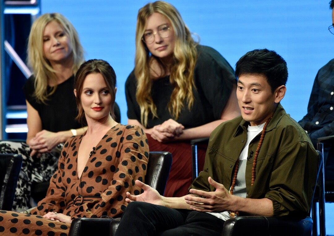 Jake Choi, right, a cast member in the Disney ABC television series "Single Parents," answers a question as fellow cast member Leighton Meester, front left, and co-creators/executive producers JJ Philbin, top left, and Elizabeth Meriwether look on during the 2018 Television Critics Association Summer Press Tour, Tuesday, Aug. 7, 2018, in Beverly Hills, Calif. (Photo by Chris Pizzello/Invision/AP)