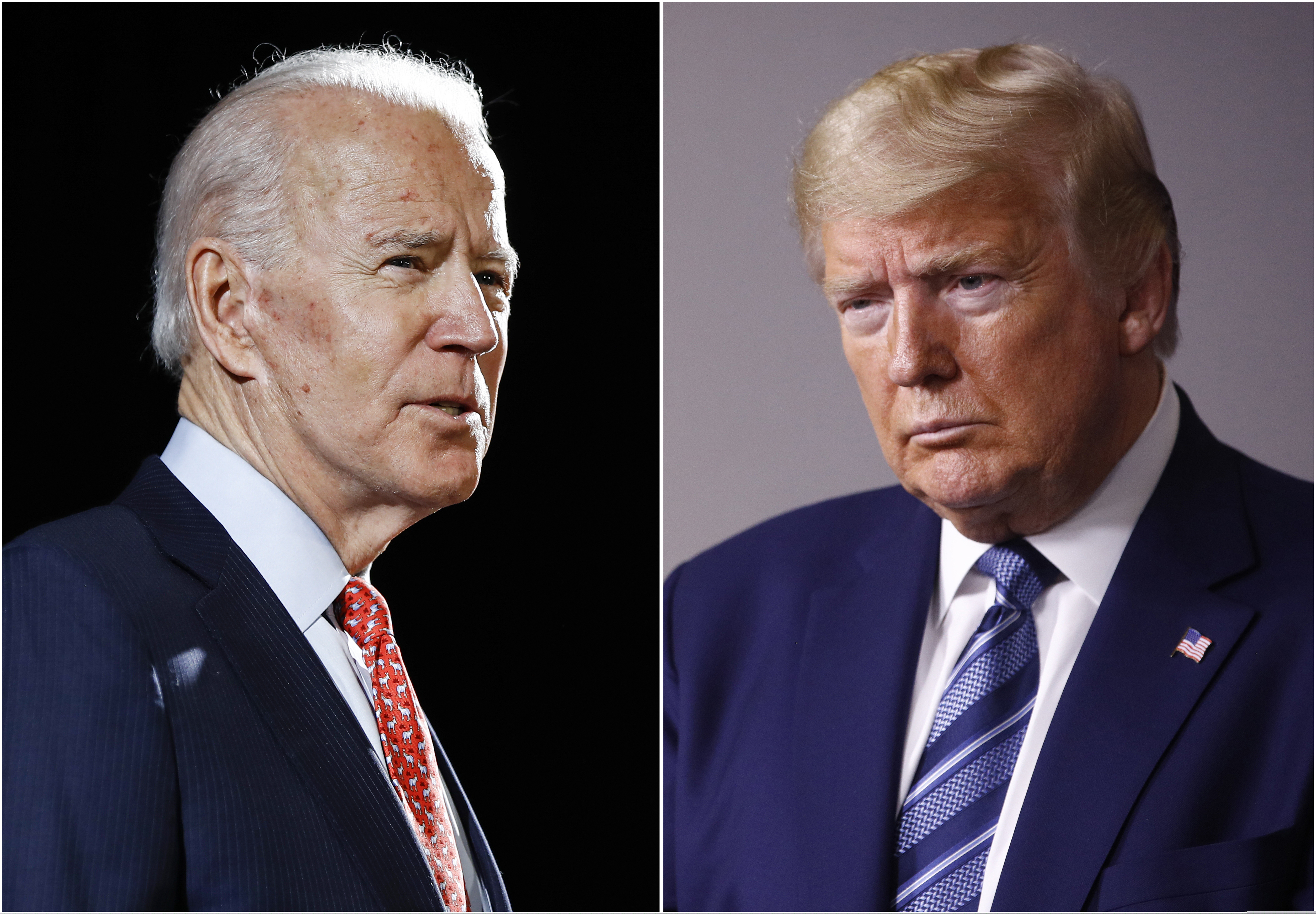 In this combination of file photos, former Vice President Joe Biden speaks in Wilmington, Del., on March 12, 2020, left, and President Donald Trump speaks at the White House in Washington on April 5, 2020. (AP Photo, File)