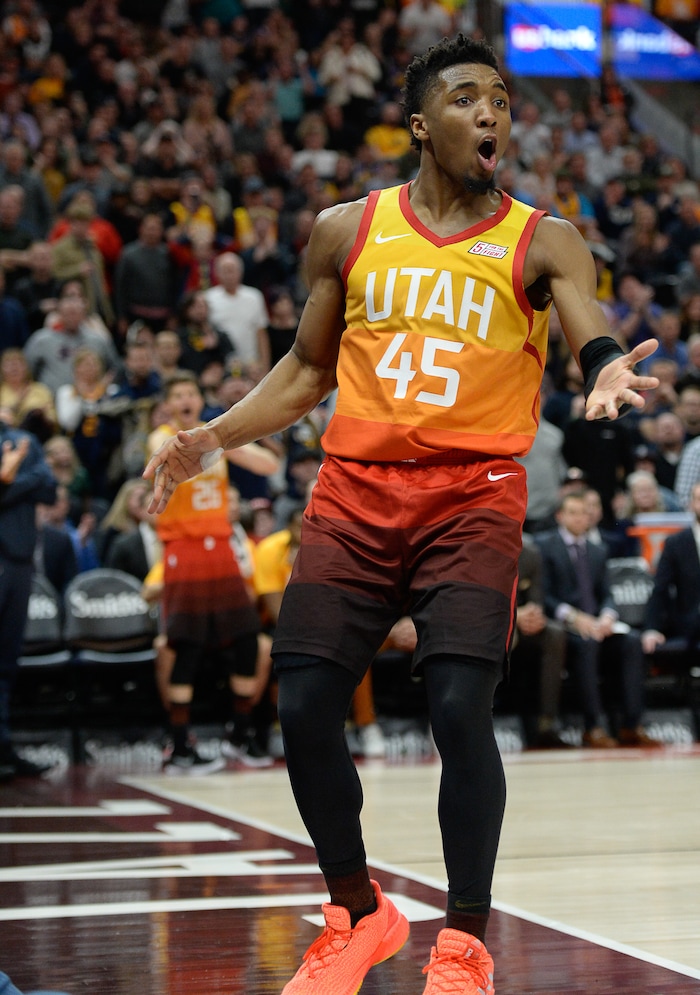 (Francisco Kjolseth  |  The Salt Lake Tribune)  Utah Jazz guard Donovan Mitchell (45) argues a call in the second half of their NBA game at Vivint Smart Home Arena Monday, Jan. 14, 2019, in Salt Lake City agains the Pistons.