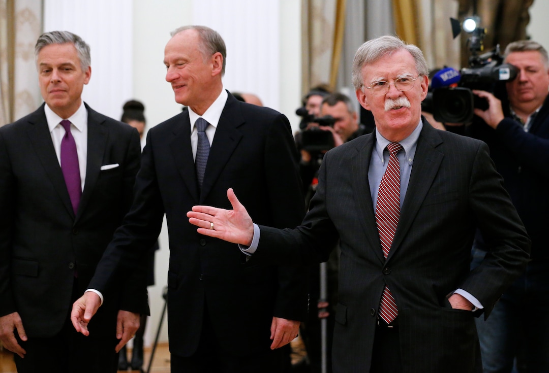 (Alexander Zemlianichenko |  AP Photo) U.S. National security adviser John Bolton, right, gestures during his meeting with Russian President Vladimir Putin in the Kremlin in Moscow, Russia, Tuesday, Oct. 23, 2018, with U.S. Ambassador to Russia Jon Huntsman, left, and Russian Security Council chairman Nikolai Patrushev, centre, in the background. 