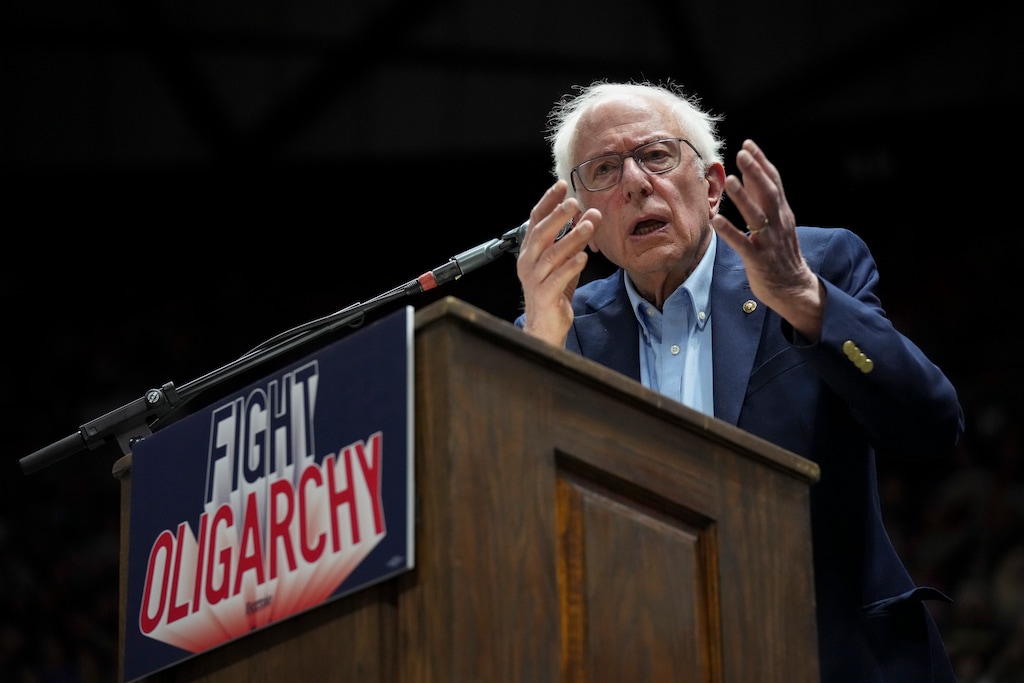(Bethany Baker | The Salt Lake Tribune) Sen. Bernie Sanders, I-Vt., speaks during a rally at the University of Utah in Salt Lake City on Sunday, April 13, 2025.