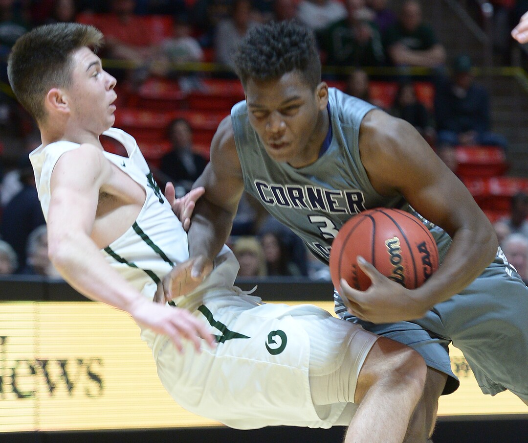 (Leah Hogsten  |  The Salt Lake Tribune) Corner Canyon's Josh Christensen (03) fouls Olympus' Rylan Jones (15). Olympus defeated Corner Canyon 76-49 to win the 5A High School BoysÕ Basketball Tournament Championship at the Jon M. Huntsman Center in Salt Lake City,  Saturday, March 3, 2018. 