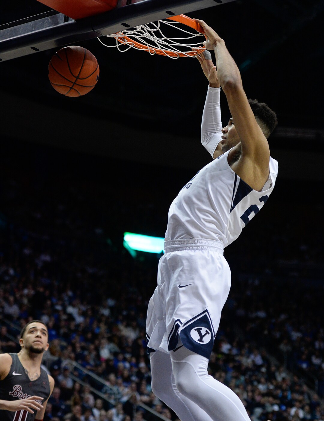 (Francisco Kjolseth  |  The Salt Lake Tribune) Brigham Young Cougars forward Yoeli Childs (23) puts in the dunk in the second half as the Brigham Young Cougars host the Santa Clara Broncos at the Marriott Center in Provo, Thursday, Feb. 20, 2020. BYU won 85-75.