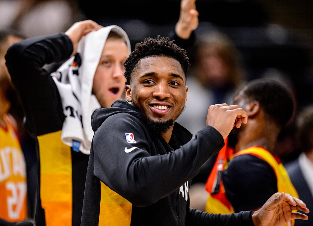 (Trent Nelson  |  The Salt Lake Tribune) Utah Jazz guard Donovan Mitchell (45) celebrates the win as the Utah Jazz host the Charlotte Hornets, NBA basketball in Salt Lake City on Friday, Jan. 10, 2020.