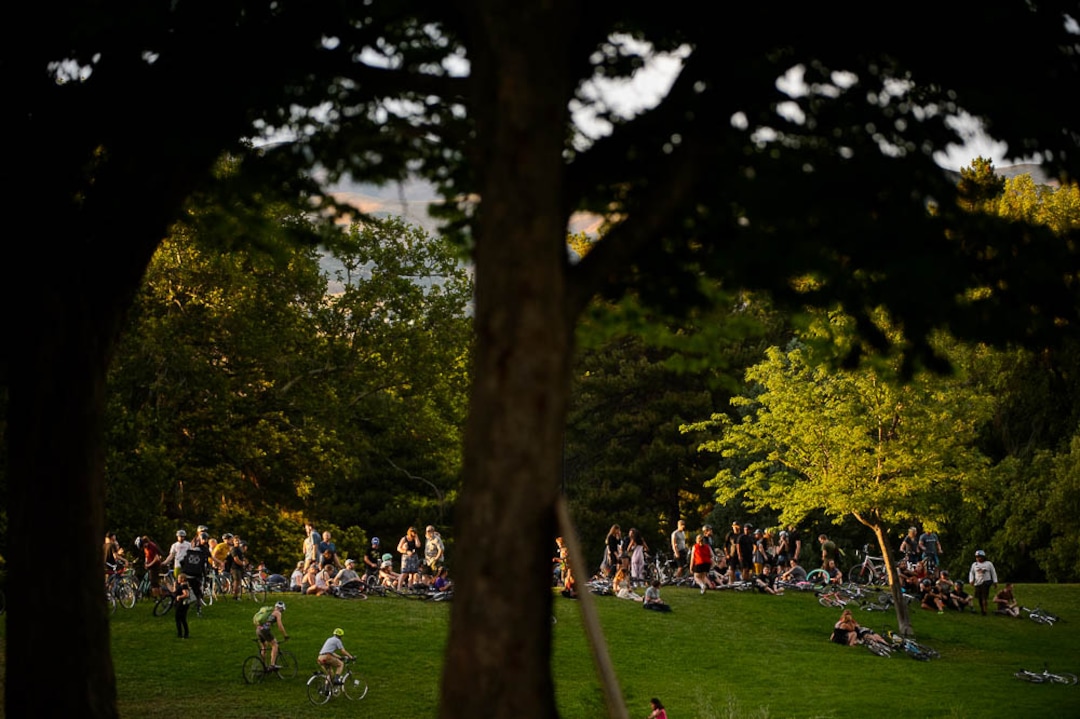 (Trent Nelson | The Salt Lake Tribune)Cyclists gather and ride around Salt Lake City's Liberty Park, Saturday July 21, 2018, in remembrance of Cameron Hooyer, a rider who was killed by a FrontRunner train during a 999 Ride on Thursday.