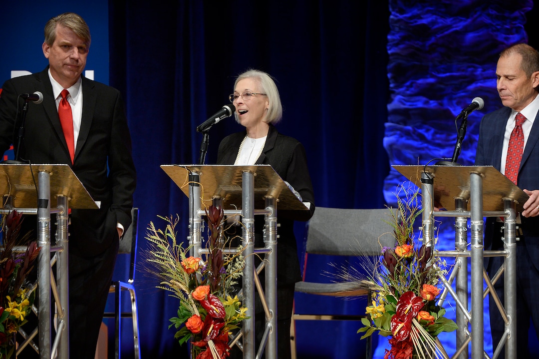 (Scott Sommerdorf   |  The Salt Lake Tribune)   Dr, Kathie Allen, center, speaks during Utah's 3rd District Congressional debate, Friday, October 13, 2017. At left is Jim Bennett, and at right is Mayor John Curtis.