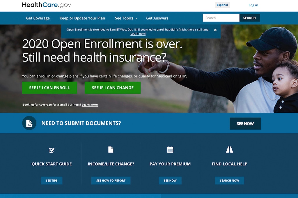 This screen grab from the website HealthCare.gov shows the extended deadline for signing up for health care coverage for 2020.  (Centers for Medicare and Medicaid Services via AP)