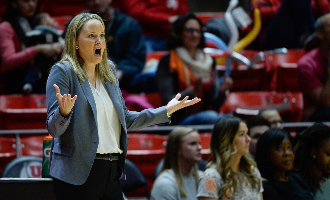 (Francisco Kjolseth  |  The Salt Lake Tribune)  Utah womenÕs head basketball coach Lynn Roberts argues with the ref in Utes' Pac-12 home opener at the Jon M Huntsman Center on Friday, Jan. 4, 2019 against ASU. They're off to one of their best starts in team history.