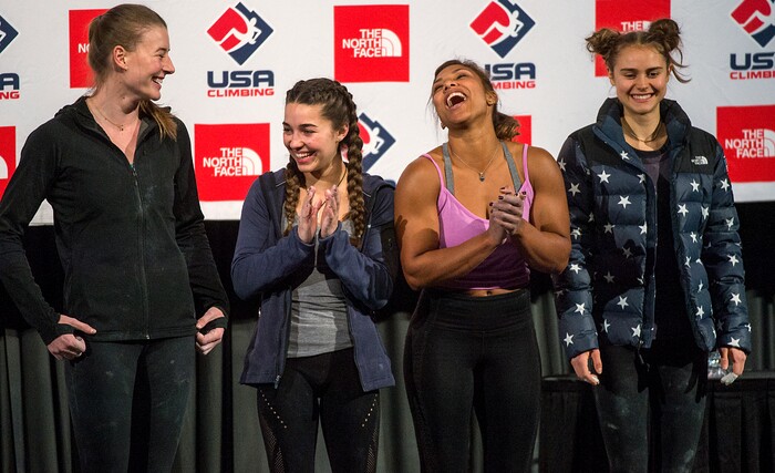 (Leah Hogsten  |  The Salt Lake Tribune) l-r Claire Buhrfeind, Brooke Raboutou, Meagan Martin and Margo Hayes greet the audience at USA Climbing's Bouldering Open National Championships at the Salt Palace Convention Center, Saturday, February 3, 2018 in Salt Lake City, UT. 

. 