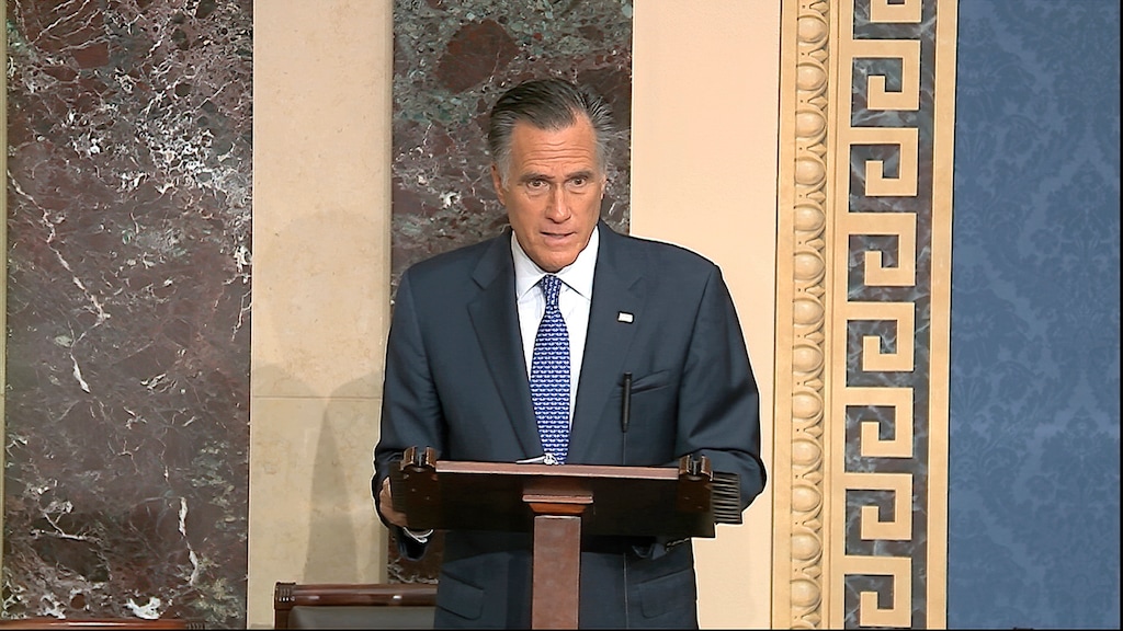 (Senate Television via AP) In this image from video, Sen. Mitt Romney, R-Utah, speaks on the Senate floor about the impeachment trial against President Donald Trump at the U.S. Capitol in Washington, Wednesday, Feb. 5, 2020. The Senate will vote on the Articles of Impeachment on Wednesday afternoon.