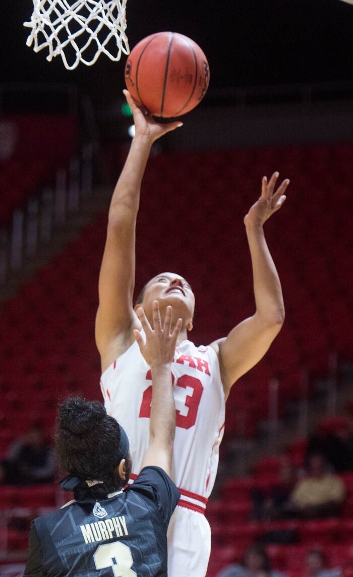 (Rick Egan  |  The Salt Lake Tribune)  Utah Utes guard/forward Daneesha Provo (23) goes up for a shot over Purdue Boilermakers guard Tiara Murphy (3), in basketball action Utah Utes vs. Purdue Boilermakers, at the Jon M. Huntsman Center, Monday, Nov. 20, 2017.