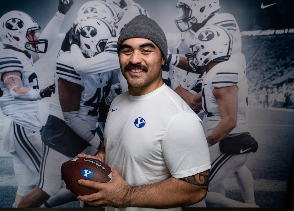 (Leah Hogsten | The Salt Lake Tribune) Houston Heimuli is the son of BYU running back Lakei Heimulu who played for BYU in the early 80's. Heimuli is walking on at BYU from Stanford University under the COVID-19 extra year of eligibility. "It's surreal," Houston Heimuli said of being given the chance to play for Brigham Young University.